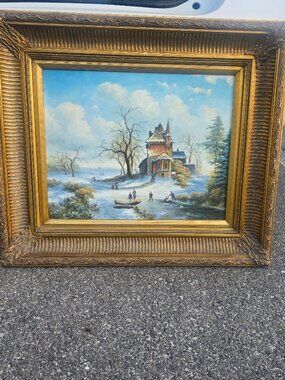 H. Wood vintage Framed Oil Painting: Winter Landscape with Ice Skaters and House